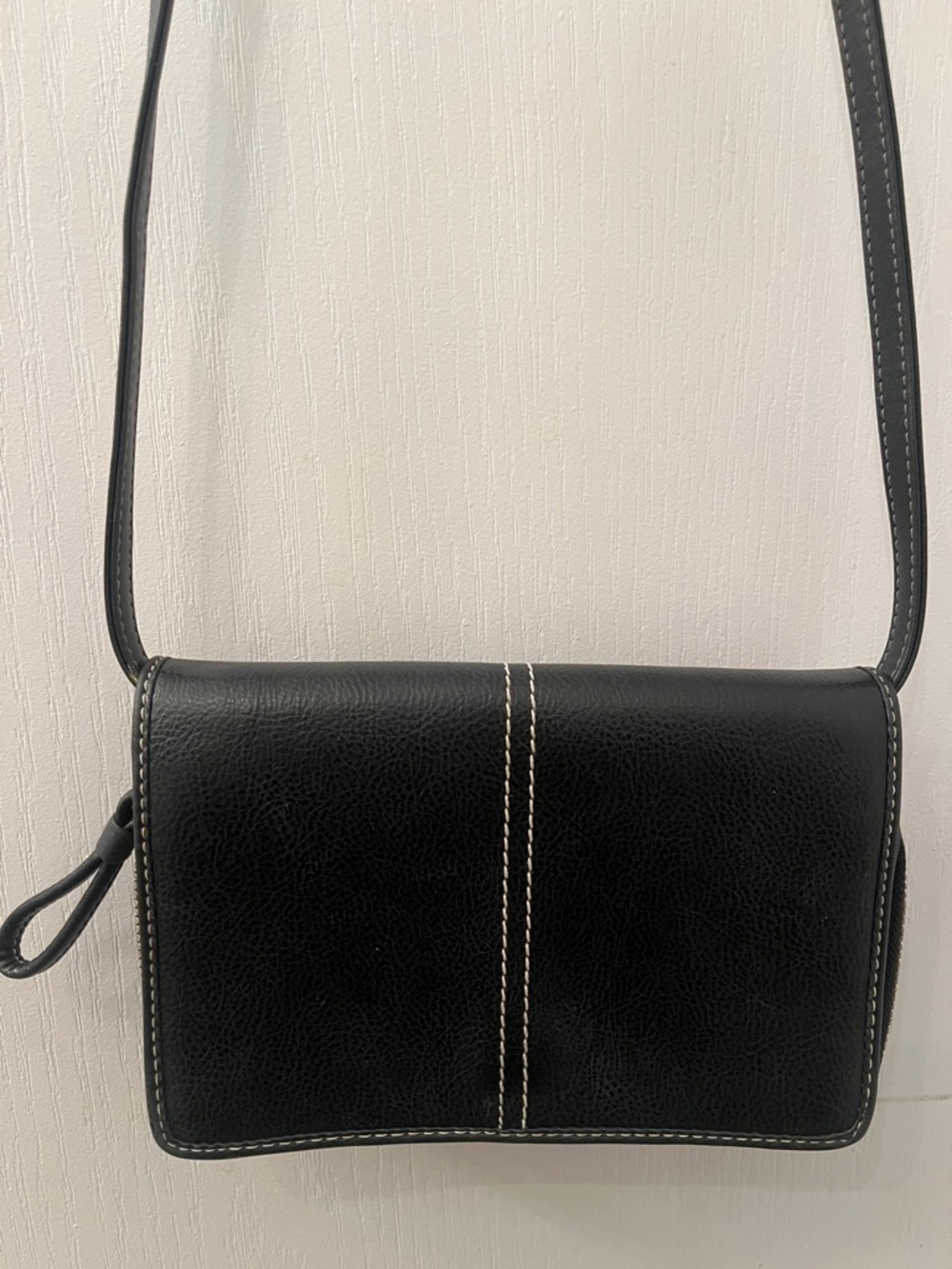 Liz Claiborne Black Leather Crossbody Bag with White Stitching